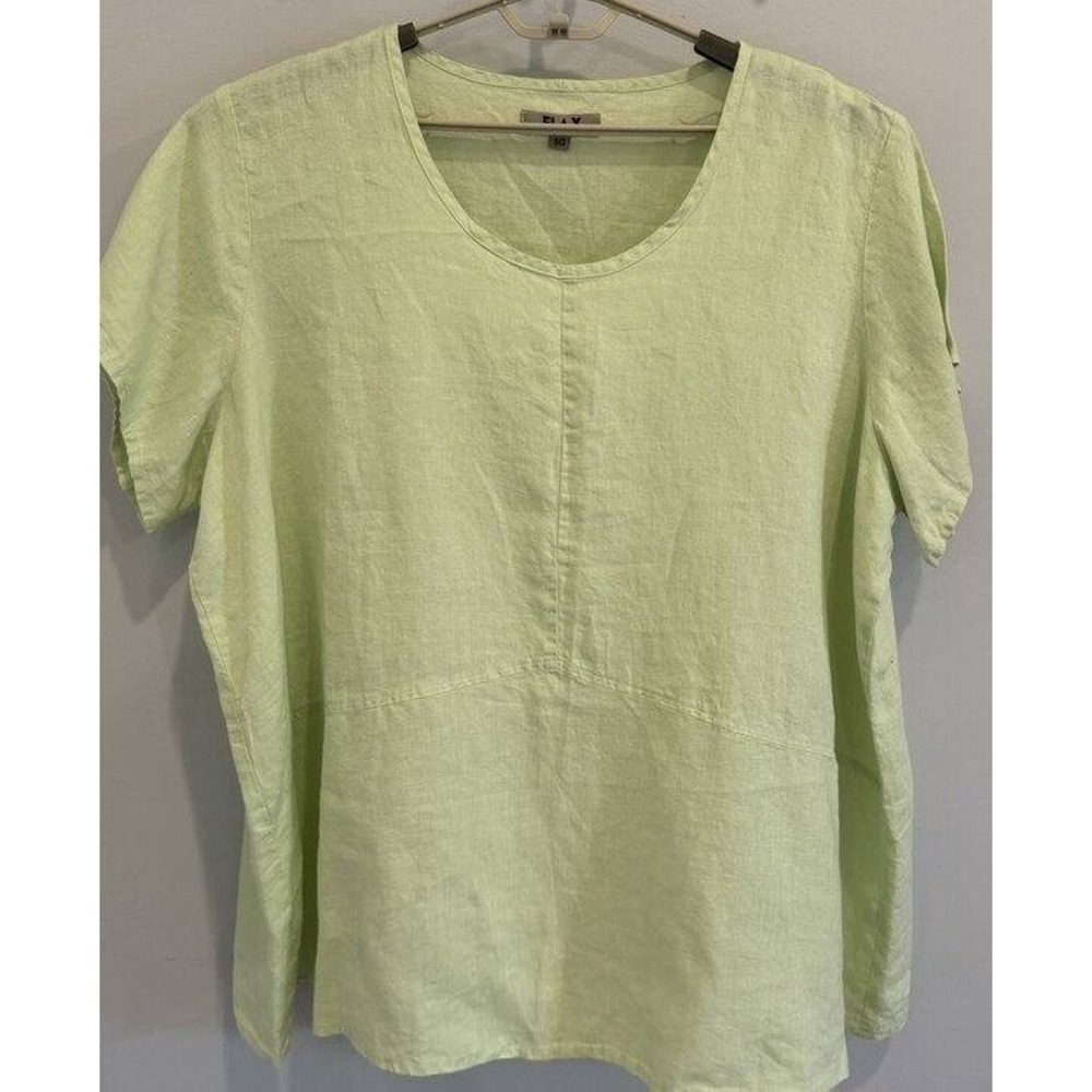 FLAX Pale Lime Green Scoop Neck Pieced Linen Top Short Sleeve Size 3G